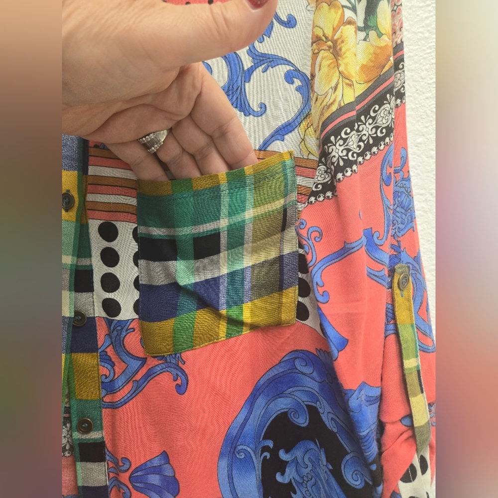 Hem & Thread Multicolor Patchwork Button-Up Blous… - image 3